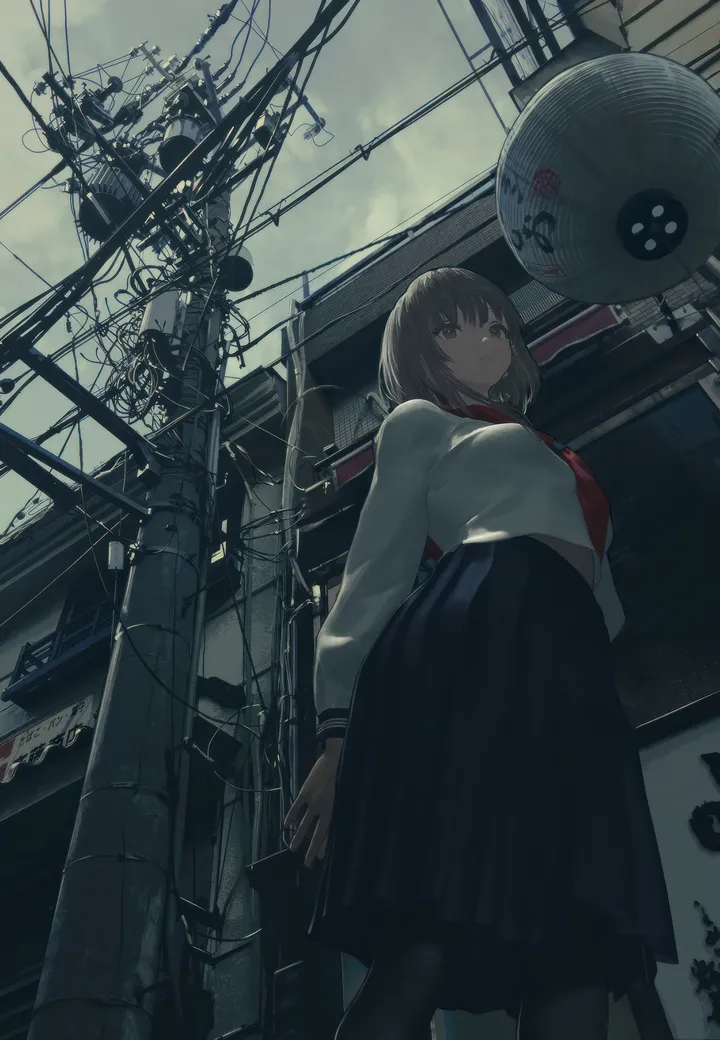 1girl,neckerchief,medium_hair,cloud,from_below,bangs,solo,closed_mouth,cloudy_sky,sky,outdoors,school_uniform,brown_hair,brown_eyes,serafuku,sailor_collar,utility_pole,power_lines,white_shirt,pleated_skirt,looking_at_viewer,short_hair,skirt,vertical,standing,red_neckerchief,blue_skirt,shirt,pantyhose,long_sleeves,black_pantyhose