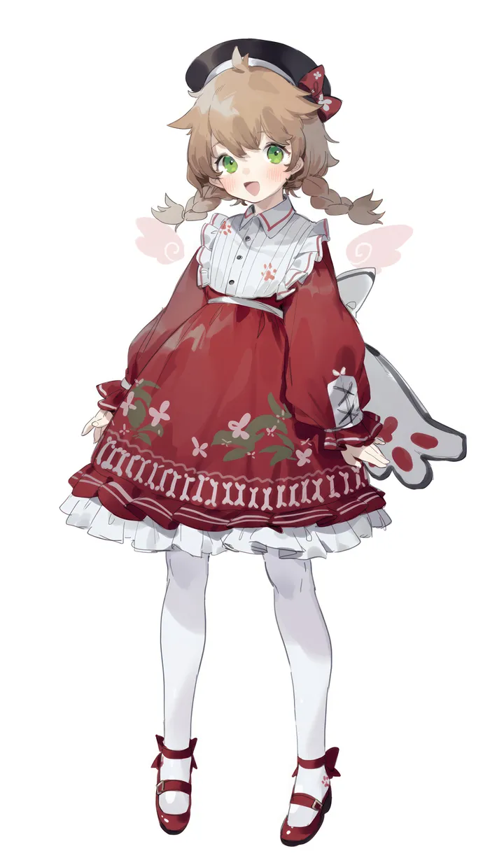 1girl,virtual_youtuber,braid,twin_braids,full_body,bangs,solo,hat_bow,hat,open_mouth,simple_background,brown_hair,white_background,white_pantyhose,looking_at_viewer,vertical,standing,smile,red_bow,red_dress,red_footwear,green_eyes,blush,frills,frilled_dress,puffy_sleeves,bow,beret,dress,pantyhose,long_hair,long_sleeves,shoes,black_headwear