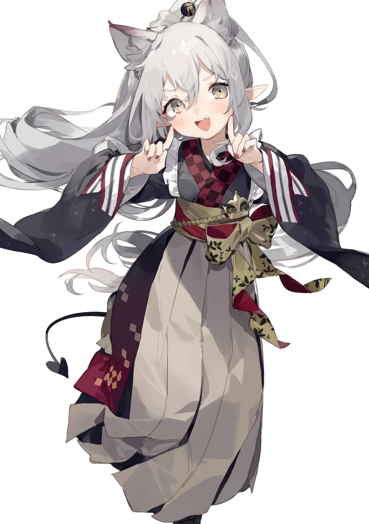 1girl,virtual_youtuber,animal_ears,bangs,solo,kimono,apron,pointy_ears,wide_sleeves,tail,hair_between_eyes,open_mouth,very_long_hair,demon_tail,nail_polish,japanese_clothes,sash,simple_background,brown_eyes,grey_hair,white_background,looking_at_viewer,skirt,vertical,smile,red_nails,animal_ear_fluff,blush,fang,hakama,hakama_skirt,long_hair,long_sleeves,ponytail,black_kimono