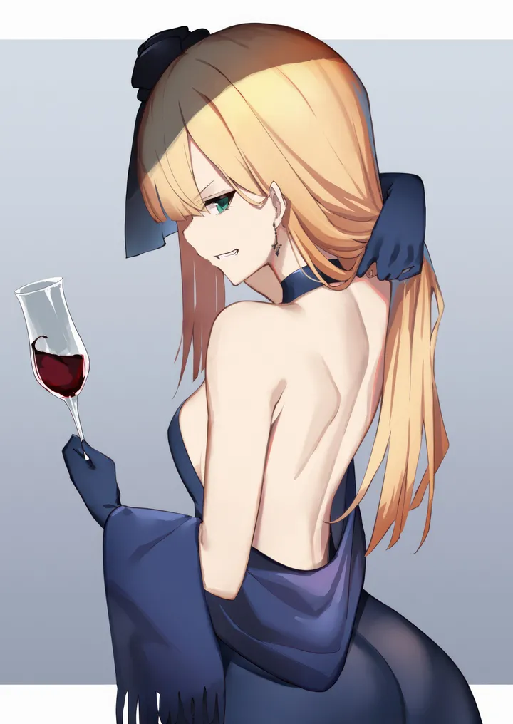 1girl,medium_breasts,breasts,sideboob,bangs,solo,back,looking_back,scarf,ass,hat,gloves,holding_cup,holding,cup,tilted_headwear,teeth,jewelry,looking_at_viewer,vertical,smile,wine_glass,green_eyes,earrings,from_behind,blue_scarf,blue_dress,dress,alcohol,drinking_glass,blonde_hair,long_hair,bare_shoulders,backless_outfit,backless_dress,flower,black_headwear