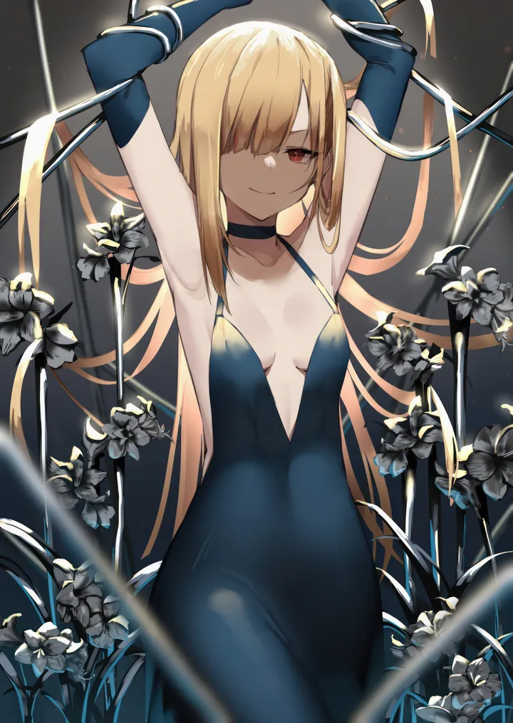 1girl,arms_up,breasts,bangs,solo,closed_mouth,hair_over_one_eye,very_long_hair,gloves,sleeveless,sleeveless_dress,looking_at_viewer,vertical,smile,red_eyes,armpits,blue_gloves,blue_dress,small_breasts,dress,blonde_hair,collarbone,long_hair,elbow_gloves,bare_shoulders,choker,flower,black_dress,black_choker