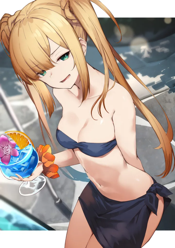 1girl,braid,medium_breasts,breasts,cleavage,bangs,solo,twintails,wrist_scrunchie,thighs,sidelocks,stomach,open_mouth,holding_cup,scrunchie,bandeau,holding,strapless,strapless_bikini,cup,bikini,sarong,pool,swimsuit,looking_at_viewer,vertical,smile,green_eyes,navel,drinking_glass,blonde_hair,collarbone,long_hair,bare_shoulders,black_bikini