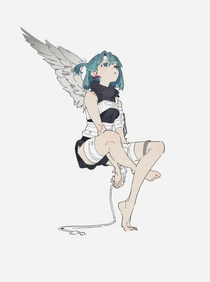 1girl,breasts,full_body,solo,sitting,parted_lips,simple_background,aqua_hair,jewelry,white_wings,white_background,vertical,sketch,bandaged_leg,bandages,bandaged_arm,feathered_wings,wings,earrings,blue_hair,blue_eyes,barefoot,bare_shoulders,turtleneck