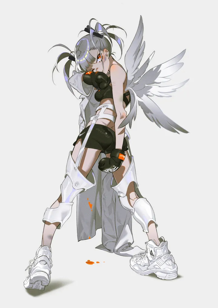 1girl,full_body,solo,twintails,looking_back,angel_wings,ass,gloves,knee_pads,boxing_gloves,simple_background,grey_hair,white_wings,white_background,white_footwear,looking_at_viewer,shorts,vertical,standing,red_eyes,feathered_wings,wings,from_behind,sneakers,gas_mask,bare_shoulders,mask,shoes,black_gloves,black_shorts