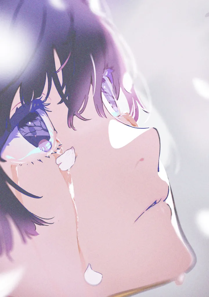 1girl,bangs,solo,crying,portrait,parted_lips,blurry,eye_focus,tears,crying_with_eyes_open,eyelashes,short_hair,vertical,purple_hair,purple_eyes,petals,falling_petals,close-up,black_hair