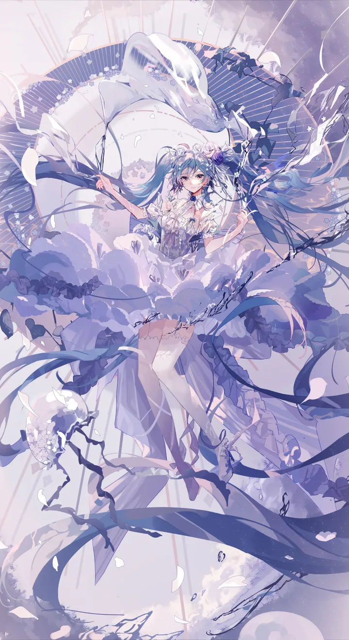 1girl,full_body,solo,twintails,hair_ornament,very_long_hair,white_thighhighs,white_dress,looking_at_viewer,vertical,frills,blue_hair,absurdly_long_hair,thighhighs,dress,long_hair,floating_hair,high_heels,flower