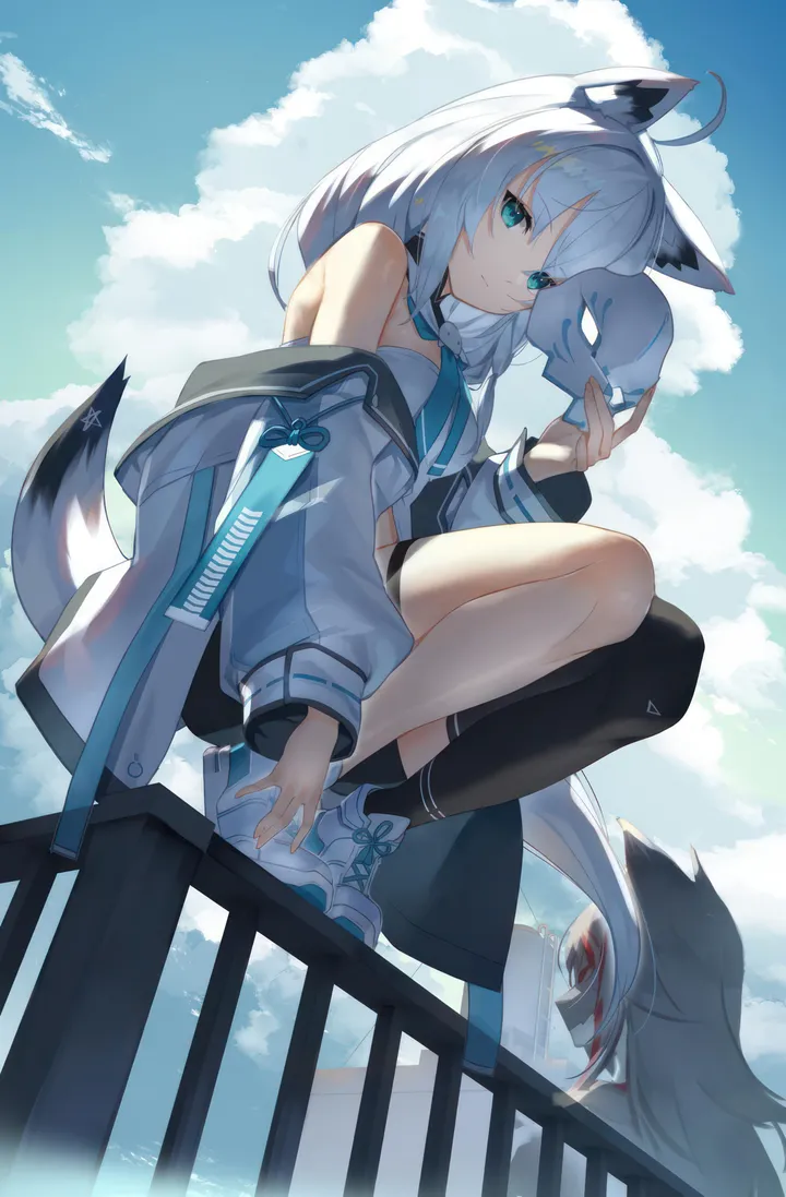 2girls,virtual_youtuber,braid,breasts,cloud,full_body,animal_ears,bangs,solo_focus,single_braid,single_thighhigh,ahoge,closed_mouth,sitting,side_braid,multiple_girls,cloudy_sky,multicolored_hair,thigh_strap,sky,sidelocks,jacket,tail,hair_between_eyes,outdoors,holding,holding_mask,streaked_hair,mask_removed,sleeveless_shirt,railing,aqua_eyes,fox_girl,fox_tail,fox_mask,fox_ears,day,white_hair,white_jacket,white_shirt,white_footwear,looking_at_viewer,shorts,vertical,smile,short_shorts,red_hair,animal_ear_fluff,blue_neckerchief,blue_sky,blue_eyes,blood,shirt,socks,open_jacket,open_clothes,squatting,thighhighs,sneakers,long_hair,long_sleeves,bare_shoulders,off_shoulder,mask,shoes,black_shorts,black_thighhighs