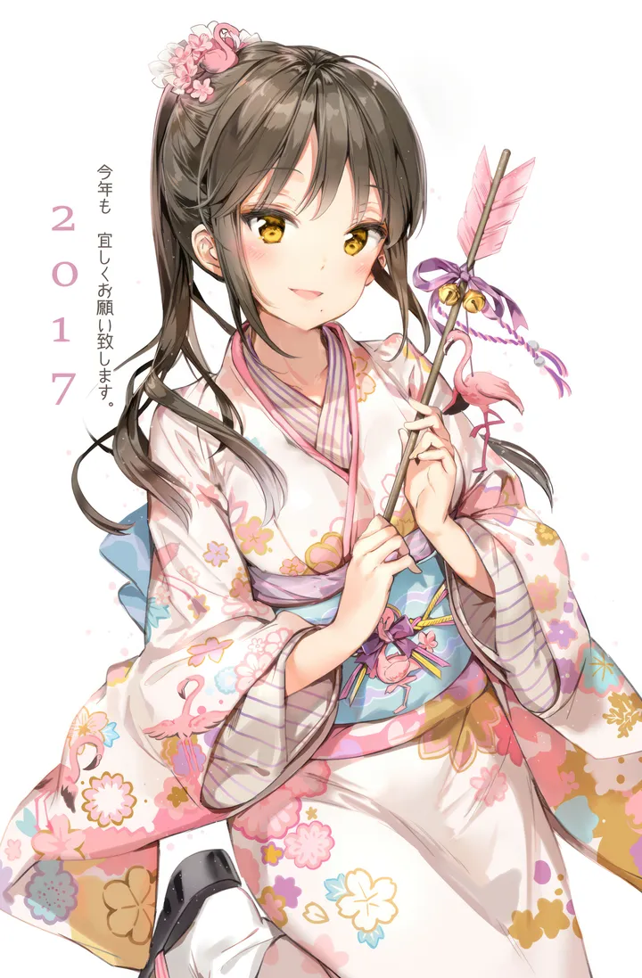 1girl,sandals,bangs,solo,kimono,obi,hair_flower,hair_ornament,sidelocks,wide_sleeves,open_mouth,parted_lips,holding,holding_arrow,new_year,happy_new_year,japanese_clothes,sash,tabi,simple_background,brown_hair,brown_eyes,jingle_bell,mole,white_kimono,white_background,white_socks,looking_at_viewer,hamaya,vertical,smile,arrow_projectile,mole_under_mouth,blush,floral_print,bell,long_hair,long_sleeves,ponytail,flower,yellow_eyes