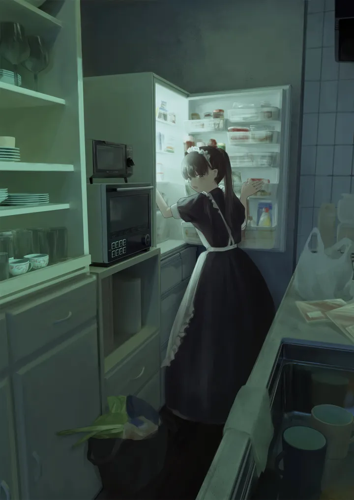 1girl,refrigerator,bangs,bag,solo,kitchen,hands_up,apron,trash_can,maid,maid_apron,maid_headdress,indoors,holding,plant,sink,tiles,white_apron,looking_at_viewer,short_sleeves,vertical,standing,from_behind,frilled_apron,dress,long_hair,ponytail,black_hair,black_dress