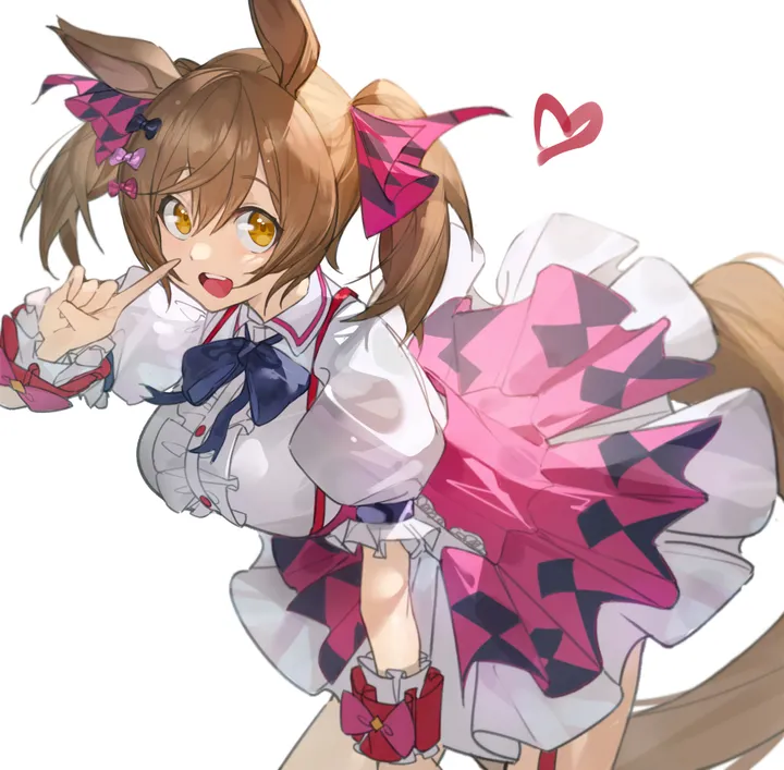 1girl,ribbon,medium_hair,breasts,animal_ears,bangs,solo,twintails,suspender_skirt,hair_ribbon,tail,hair_between_eyes,open_mouth,heart,index_finger_raised,simple_background,brown_hair,brown_eyes,teeth,white_background,white_shirt,looking_at_viewer,short_sleeves,skirt,vertical,smile,pink_skirt,wrist_cuffs,suspenders,center_frills,frills,puffy_short_sleeves,puffy_sleeves,bow,hair_bow,shirt,leaning_forward,large_breasts,dress,bowtie,horse_girl,horse_tail,horse_ears,yellow_eyes