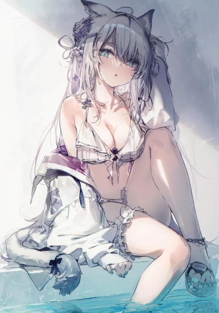 1girl,ribbon,medium_breasts,breasts,cleavage,animal_ears,sandals,bangs,solo,knee_up,ahoge,sitting,hair_flower,hair_ornament,jacket,tail,tail_ornament,tail_ribbon,parted_lips,nail_polish,bikini,water,swimsuit,toenail_polish,grey_hair,cat_girl,cat_tail,cat_ears,white_hair,white_jacket,white_bikini,looking_at_viewer,vertical,toenails,blush,frills,frilled_bikini,blue_eyes,bridal_garter,open_jacket,open_clothes,large_breasts,collarbone,long_hair,long_sleeves,bare_shoulders,off_shoulder,flower