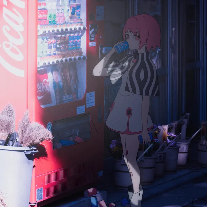 1girl,full_body,bangs,solo,drinking,trash_can,night,capelet,outdoors,holding_can,holding,can,striped,plant,soda_can,white_dress,white_footwear,potted_plant,looking_at_viewer,short_hair,short_sleeves,vertical,standing,pink_hair,pink_eyes,vending_machine,dress,boots,shadow