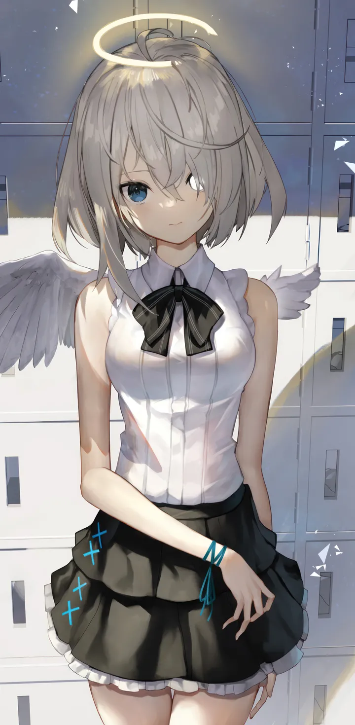 1girl,cowboy_shot,ribbon,medium_breasts,breasts,locker,bangs,solo,ahoge,closed_mouth,angel,halo,angel_wings,hair_over_one_eye,heterochromia,sleeveless,sleeveless_shirt,locker_room,collared_shirt,grey_hair,white_shirt,looking_at_viewer,short_hair,skirt,vertical,standing,wrist_ribbon,feathered_wings,wings,frills,frilled_skirt,blue_eyes,bow,shirt,bare_arms,miniskirt,bare_shoulders,bowtie,black_skirt,black_bow