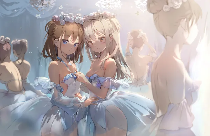 5girls,6-girls,cowboy_shot,detached_sleeves,medium_breasts,breasts,cleavage,athletic_leotard,bangs,see-through,single_hair_bun,closed_mouth,hair_bun,multiple_girls,hair_flower,hair_ornament,parted_lips,strapless,brown_hair,brown_eyes,horizontal,jewelry,white_dress,looking_at_viewer,standing,smile,leotard,blush,ballerina,ballet,tutu,blue_eyes,bare_back,small_breasts,dress,pantyhose,collarbone,long_hair,bare_shoulders,backless_outfit,necklace,ponytail,flower