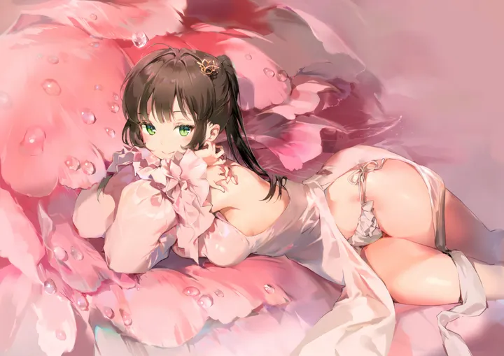 1girl,detached_sleeves,medium_breasts,breasts,sideboob,on_side,side-tie_panties,underwear,panties,bangs,solo,closed_mouth,thighs,hair_ornament,pelvic_curtain,brown_hair,horizontal,water,water_drop,white_panties,white_dress,crown,looking_at_viewer,smile,green_eyes,blush,frills,frilled_sleeves,lying,dress,mini_crown,long_hair,long_sleeves,bare_shoulders,ponytail,black_hair