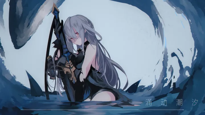 1girl,medium_breasts,breasts,bangs,sword,solo,no_headwear,hair_between_eyes,very_long_hair,gloves,holding_sword,holding_weapon,holding,sleeveless,horizontal,weapon,water,grey_hair,looking_at_viewer,red_eyes,shirt,dress,long_hair,bare_shoulders,black_gloves,black_shirt,black_dress