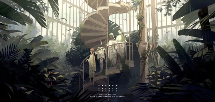 1girl,solo,stairs,indoors,brown_hair,plant,horizontal,window,english_text,dress,long_hair,scenery,bird