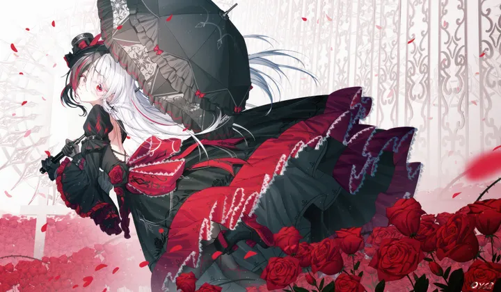 1girl,bangs,solo,gothic_lolita,looking_back,multicolored_hair,hat,hair_between_eyes,heterochromia,gloves,holding,streaked_hair,holding_umbrella,fence,horizontal,lolita_fashion,rose,white_hair,looking_at_viewer,red_hair,red_rose,red_eyes,red_flower,petals,frills,frilled_dress,bow,dress,long_hair,long_sleeves,umbrella,backless_outfit,backless_dress,flower,black_umbrella,black_hair,black_headwear,black_gloves,black_dress