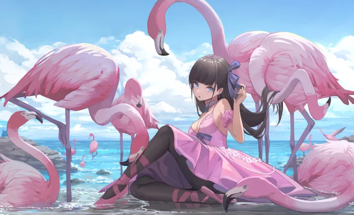 1girl,ribbon,medium_breasts,breasts,cleavage,cloud,full_body,bangs,animal,solo,sitting,sky,hair_ribbon,outdoors,hand_up,sleeveless,sleeveless_dress,horizontal,water,ocean,day,blunt_bangs,looking_at_viewer,pink_dress,pink_footwear,blue_ribbon,blue_sky,blue_eyes,dress,pantyhose,long_hair,bare_shoulders,choker,high_heels,bird,black_hair,black_pantyhose