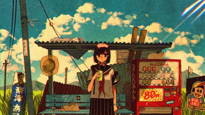 1girl,neckerchief,cloud,sign,bangs,bag,solo,hairclip,summer,cloudy_sky,sky,hat,outdoors,holding,holding_bottle,can,school_uniform,plant,horizontal,serafuku,sailor_collar,cat,bottle,utility_pole,power_lines,day,white_shirt,pleated_skirt,looking_at_viewer,short_hair,short_sleeves,skirt,cumulonimbus_cloud,standing,red_neckerchief,vending_machine,grass,blue_sky,shirt,scenery,black_hair,black_sailor_collar,black_skirt