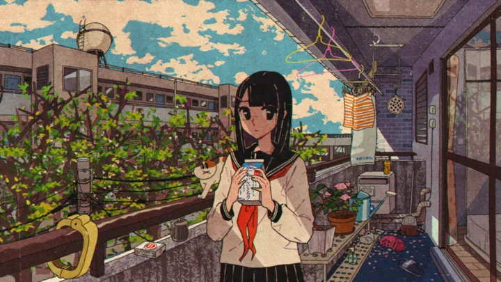 1girl,neckerchief,cloud,bangs,solo,cloudy_sky,sky,indoors,building,outdoors,holding,clothesline,school_uniform,plant,horizontal,serafuku,sailor_collar,cat,day,white_shirt,pleated_skirt,potted_plant,blunt_bangs,looking_at_viewer,skirt,window,red_neckerchief,blue_sky,clothes_hanger,shirt,long_hair,long_sleeves,flower,black_hair,black_sailor_collar,black_eyes,black_skirt