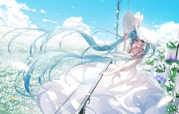 1girl,ribbon,breasts,cloud,bangs,solo,twintails,closed_mouth,sky,sun_hat,sundress,hat,hair_between_eyes,very_long_hair,outdoors,hand_on_headwear,sleeveless,sleeveless_dress,railing,horizontal,aqua_hair,field,day,white_headwear,white_flower,white_dress,looking_at_viewer,smile,purple_flower,blush,flower_field,straw_hat,blue_sky,blue_hair,blue_eyes,blue_flower,bare_arms,dress,collarbone,long_hair,bare_shoulders,wind,floating_hair,flower