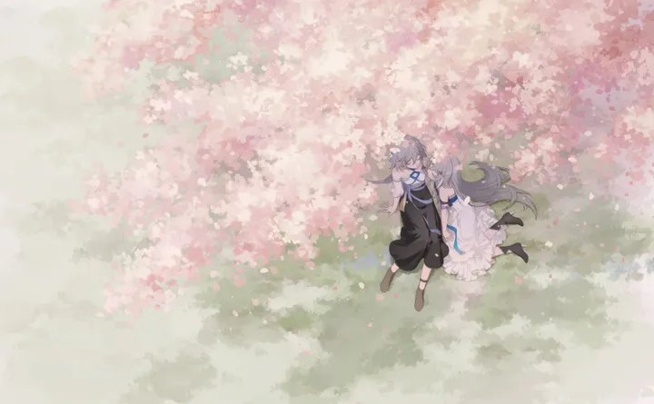 1boy,2girls,bangs,closed_eyes,closed_mouth,sitting,multiple_girls,outdoors,sleeveless_dress,horizontal,cherry_blossoms,grey_hair,holding_hands,white_dress,smile,petals,dress,long_hair,boots