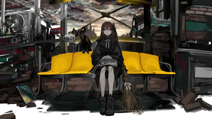 1girl,ribbon,book,cloud,train_interior,bangs,bag,solo,closed_mouth,ground_vehicle,sitting,coat,cloudy_sky,sky,jacket,broom,holding,brown_hair,brown_eyes,horizontal,cat,looking_at_viewer,window,long_hair,long_sleeves,boots,cross-laced_footwear,black_coat,black_cat,black_footwear