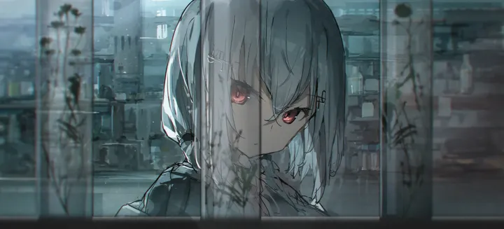 1girl,virtual_youtuber,bangs,solo,closed_mouth,hair_ornament,hair_between_eyes,building,horizontal,grey_hair,white_hair,looking_at_viewer,window,red_eyes,shirt,long_hair,rain,necktie