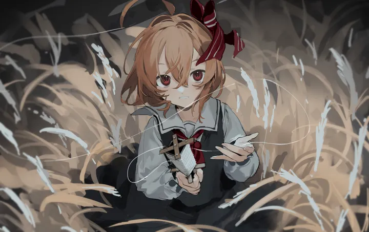 1girl,ribbon,upper_body,bangs,solo,ahoge,hair_ribbon,hair_between_eyes,holding,collared_shirt,horizontal,white_shirt,looking_at_viewer,short_hair,skirt,smile,red_ribbon,red_eyes,red_ascot,vest,grass,bow,shirt,eyebrows_hidden_by_hair,blonde_hair,long_sleeves,ascot,black_skirt,black_vest