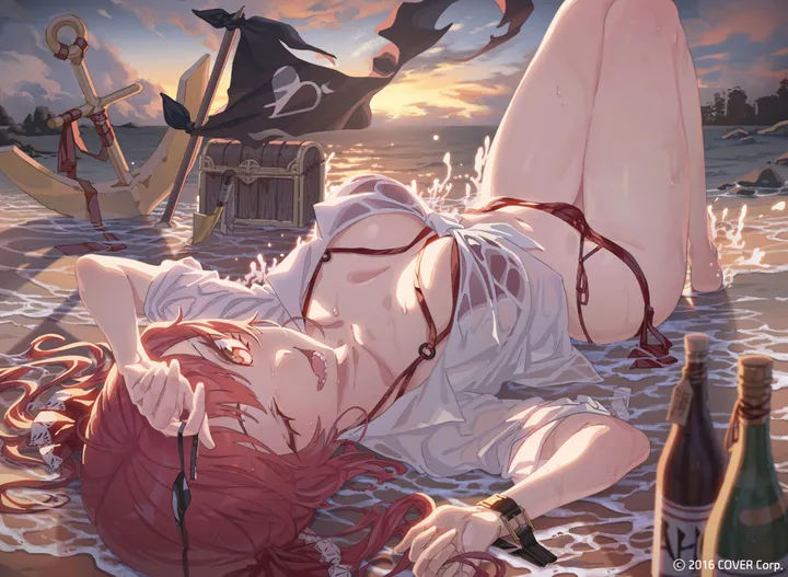 1girl,virtual_youtuber,side-tie_bikini_bottom,ribbon,breasts,cleavage,cloud,front-tie_top,on_back,bangs,see-through,solo,twintails,breasts_apart,arrow_through_heart,thighs,sky,hair_ribbon,treasure_chest,open_mouth,outdoors,knees_up,holding,eyepatch_removed,eyewear_removed,sunset,horizontal,bikini,bikini_under_clothes,water,swimsuit,shallow_water,ocean,beach,teeth,bottle,white_shirt,looking_at_viewer,eyepatch,smile,string_bikini,red_hair,red_bikini,red_eyes,navel,watercraft,tied_shirt,shirt,wet_clothes,wet_shirt,wet,barefoot,lying,large_breasts,long_hair,one_eye_closed,sharp_teeth,yellow_eyes