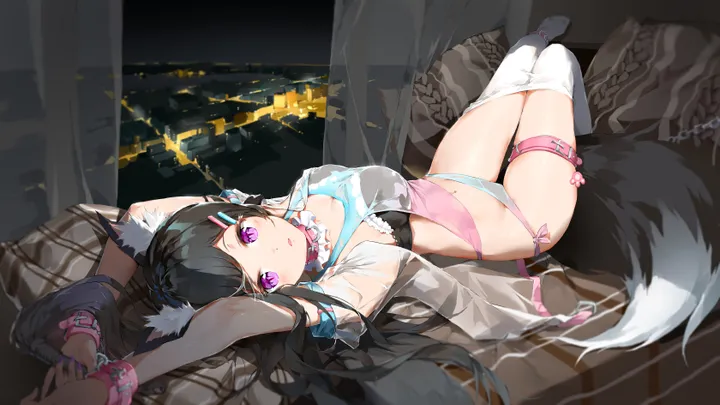 1girl,clothes_pull,medium_breasts,arms_up,breasts,cleavage,on_back,side-tie_panties,animal_ears,underwear,panties,bangs,see-through,solo,hairclip,night,thighs,thigh_strap,hair_ornament,tail,parted_lips,bound,pillow,horizontal,fox_tail,fox_ears,white_thighhighs,looking_at_viewer,short_sleeves,curtains,purple_eyes,animal_ear_fluff,bra,frills,shirt,pantyhose_pull,lying,large_breasts,thighhighs,pantyhose,cuffs,long_hair,choker,collar,black_panties,black_hair,black_bra