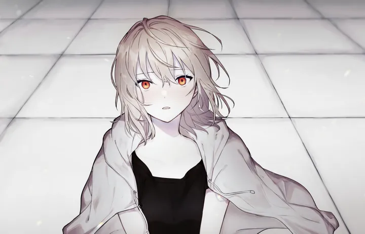 1girl,medium_hair,upper_body,hood,bangs,solo,jacket,hair_between_eyes,parted_lips,horizontal,orange_eyes,hood_down,tiles,tile_floor,jacket_on_shoulders,looking_at_viewer,red_eyes,shirt,open_jacket,open_clothes,hooded_jacket,collarbone,black_shirt