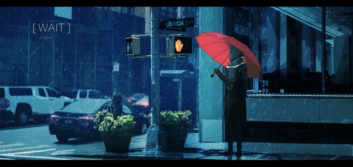 1girl,hood,sign,solo,ground_vehicle,city,coat,wide_shot,building,outdoors,holding,holding_umbrella,motor_vehicle,plant,horizontal,car,letterboxed,potted_plant,standing,red_umbrella,english_text,street,road,lamppost,rain,umbrella,scenery