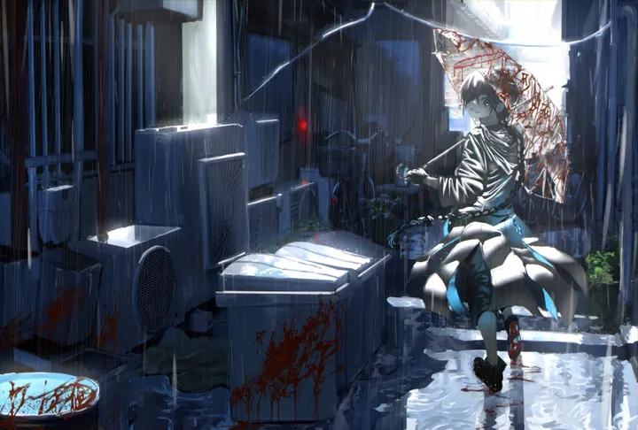 1girl,1boy,solo,jacket,outdoors,holding,holding_umbrella,plant,horizontal,male_focus,looking_at_viewer,short_hair,blue_eyes,blood,blood_splatter,blood_on_clothes,rain,umbrella,black_hair