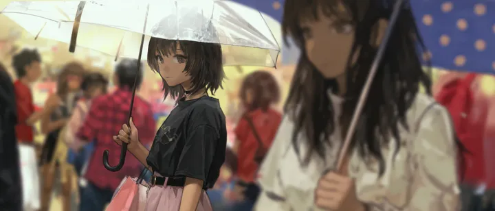 crowd,bag,solo_focus,closed_mouth,multiple_girls,outdoors,holding,holding_umbrella,depth_of_field,brown_hair,brown_eyes,blurry,blurry_background,horizontal,belt,looking_at_viewer,short_hair,short_sleeves,skirt,shirt,transparent,transparent_umbrella,long_hair,umbrella,black_hair,black_shirt