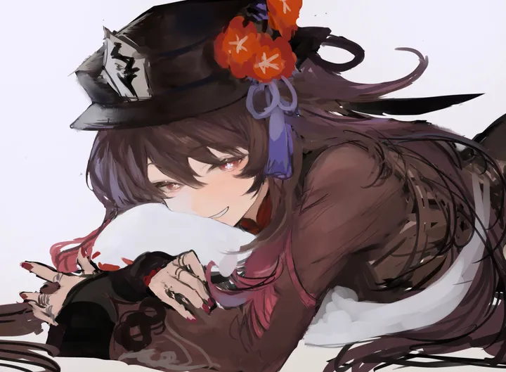 1girl,chinese_clothes,bangs,half-closed_eyes,solo,twintails,hat_flower,hat,ghost,hair_between_eyes,ring,nail_polish,simple_background,plum_blossoms,brown_hair,horizontal,jewelry,white_background,looking_at_viewer,smile,symbol-shaped_pupils,red_eyes,flower-shaped_pupils,on_stomach,lying,long_hair,long_sleeves,grin,flower,black_headwear