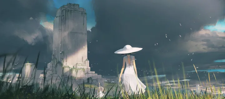 1girl,cloud,solo,cloudy_sky,sky,sun_hat,sundress,hat,ruins,very_long_hair,outdoors,sleeveless,sleeveless_dress,horizontal,day,white_headwear,white_dress,standing,grass,dress,blonde_hair,long_hair,scenery,bird