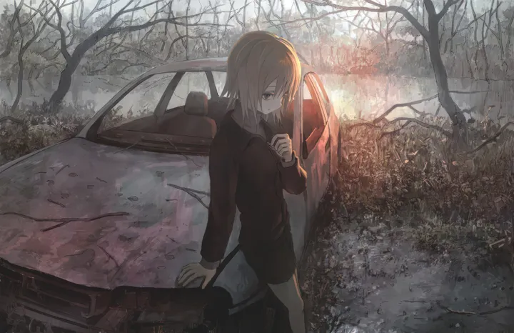 1girl,bangs,solo,ground_vehicle,outdoors,motor_vehicle,tree,brown_hair,brown_eyes,horizontal,car,short_hair,shorts,standing,shirt,long_sleeves,cigarette,black_shorts