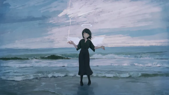 1girl,cloud,bangs,solo,horizon,cloudy_sky,halo,sky,outdoors,horizontal,ocean,beach,looking_at_viewer,short_hair,standing,dress,scenery,yellow_eyes,black_hair,black_dress