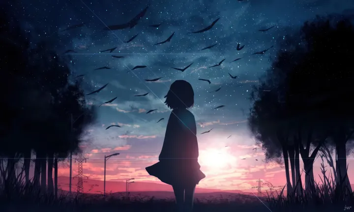 1girl,cloud,silhouette,solo,night,night_sky,sky,sun,outdoors,sunset,star_sky,starry_sky,tree,horizontal,shooting_star,dark,short_hair,standing,signature,grass,lamppost,scenery,bird