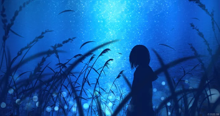 1girl,blurry_foreground,silhouette,solo,night,night_sky,sky,outdoors,star_sky,starry_sky,depth_of_field,school_uniform,plant,blurry,horizontal,dark,short_hair,grass,blue_theme,scenery