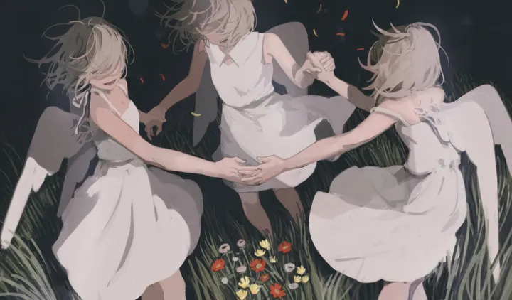 3girls,feet_out_of_frame,multiple_girls,angel_wings,open_mouth,sleeveless,sleeveless_dress,brown_hair,horizontal,holding_hands,white_wings,white_dress,short_hair,red_flower,feathered_wings,wings,grass,bare_arms,dress,bare_shoulders,flower,yellow_flower