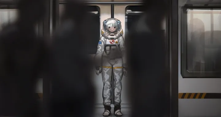 1girl,double_bun,full_body,train_interior,bangs,solo,twintails,space_helmet,helmet,astronaut,spacesuit,gloves,horizontal,grey_gloves,straight-on,looking_at_viewer,standing,long_sleeves