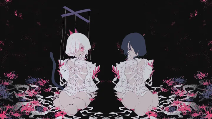 2girls,breasts,closed_mouth,sitting,multiple_girls,hair_over_one_eye,tail,spider_lily,horizontal,seiza,dark_skin,white_hair,looking_at_viewer,short_hair,pink_eyes,flower,black_hair,black_background