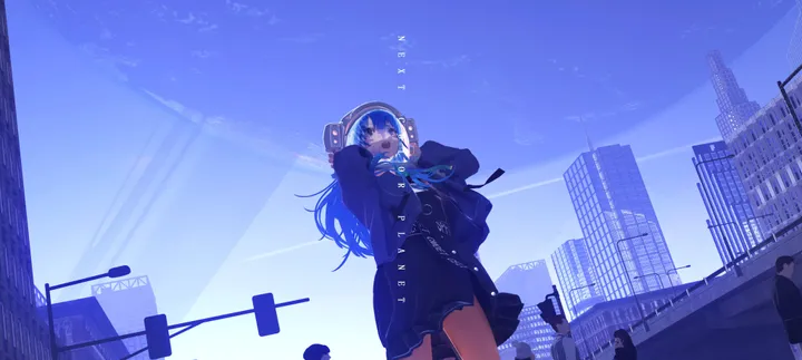 1girl,virtual_youtuber,bangs,solo_focus,city,sky,jacket,building,open_mouth,outdoors,star_symbol,star_in_eye,horizontal,symbol_in_eye,skirt,blue_sky,blue_hair,blue_jacket,blue_eyes,long_hair,music