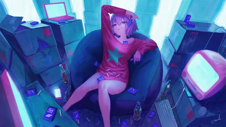 1girl,arm_up,bangs,solo,sitting,indoors,hand_on_own_head,controller,can,monitor,chair,horizontal,no_pants,bottle,keyboard_computer,looking_at_viewer,short_hair,signature,pink_hair,purple_hair,red_shirt,shirt,bare_legs,computer,long_sleeves,mouse_computer