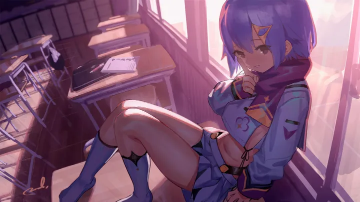 1girl,book,desk,breasts,bangs,solo,kneehighs,hairclip,scarf,on_desk,sitting,sitting_on_desk,thighs,hair_ornament,indoors,stomach,classroom,school_uniform,chair,horizontal,no_shoes,pleated_skirt,looking_at_viewer,short_hair,skirt,window,smile,purple_eyes,navel,blue_hair,shirt,socks,school_desk,miniskirt,pencil_case,long_sleeves,sunlight,midriff,crop_top