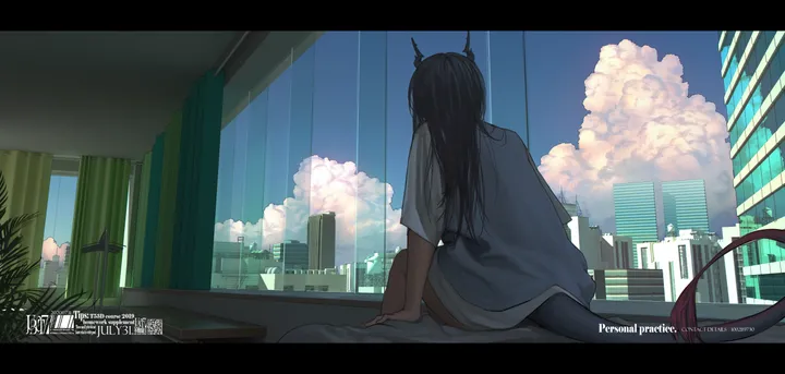 1girl,t-shirt,cloud,solo,on_bed,sitting,city,cityscape,sky,indoors,tail,bed,building,skyscraper,horizontal,copyright_name,letterboxed,day,white_shirt,short_sleeves,window,curtains,from_behind,blue_sky,shirt,horns,long_hair,facing_away,black_hair,dragon_girl,dragon_tail,dragon_horns