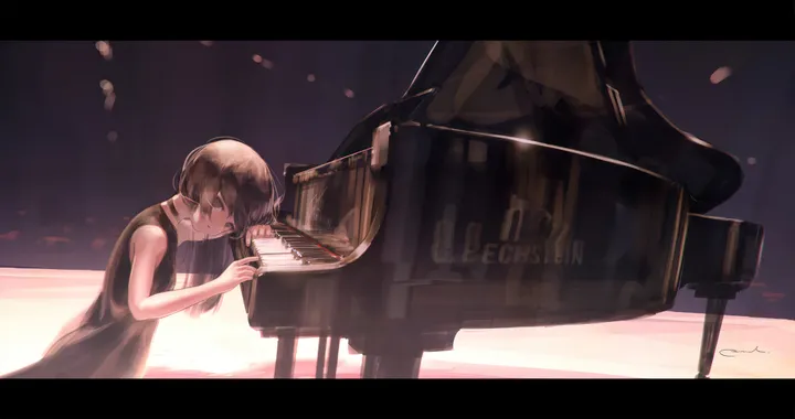 1girl,grand_piano,instrument,solo,crying,sleeveless,sleeveless_dress,brown_hair,horizontal,playing_instrument,letterboxed,tears,dress,piano,long_hair,bare_shoulders,music,black_hair,black_dress